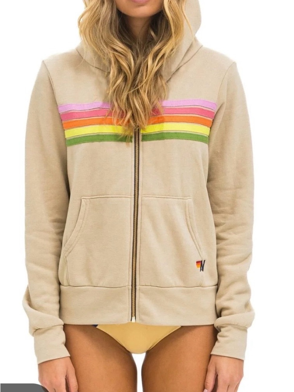 Aviator Nation Beige Hoodie & Shorts Set with Rainbow Stripes